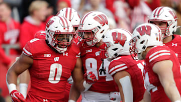 Wisconsin Badgers running back Braelon Allen (0) celebrates scoring a 71-yard touchdown run in the first quarter against Nebraska during their football game Saturday, Nov. 20, 2021, at Camp Randall in Madison, Wis.