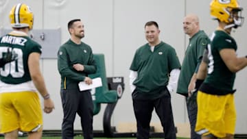Green Bay Packers head coach Matt LaFleur, general manager Brian Gutekunst, and defensive coordinator Mike Pettine talk during a team practice at the Don Hutson Center on Wednesday, April 24, 2019 in Ashwaubenon, Wis.

Gpg Packers Practice 042319 Abw117