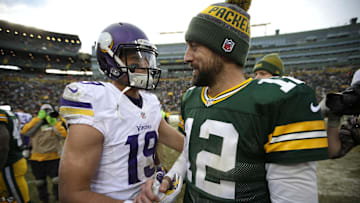 Dec 24, 2016; Green Bay, WI, USA; Green Bay Packers quarterback Aaron Rodgers (12) shakes hands with Minnesota Vikings wide receiver Adam Thielen (19) at Lambeau Field.  Mandatory Credit: Dan Powers/USA TODAY NETWORK-Wisconsin via Imagn Images