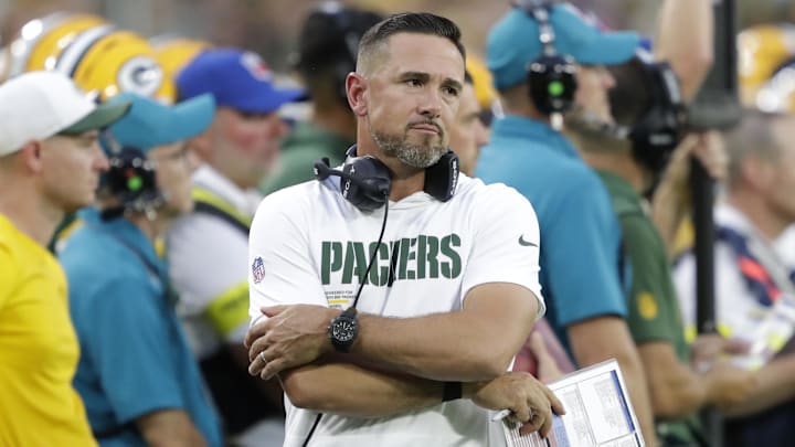 Aug 9, 2025; Green Bay, Wisconsin, USA;  Green Bay Packers coach Matt LaFleur leads his team against the New York Jets at Lambeau Field.