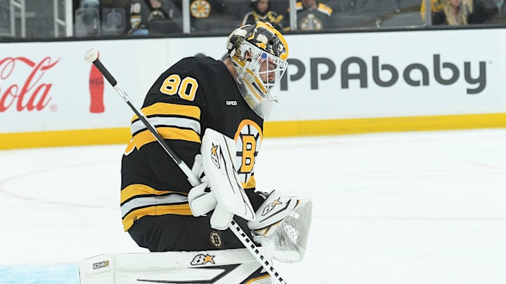 Sep 21, 2025; Boston, Massachusetts, USA; Boston Bruins goaltender Michael DiPietro (80) makes a save during the second period against the Washington Capitals at TD Garden. Mandatory Credit: Bob DeChiara-Imagn Images