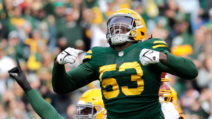 Green Bay Packers linebacker Jonathan Garvin (53) reacts after the Washington Football Team missed a field goal in the second quarter during their football game Sunday, October 24, 2021, at Lambeau Field in Green Bay, Wis. Dan Powers/USA TODAY NETWORK-Wisconsin

Apc Packvswash 1024211179djp