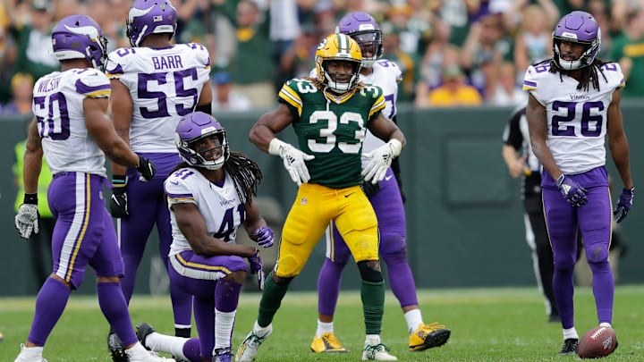 Former Green Bay Packers running back Aaron Jones celebrates against the Vikings in 2019. Jones will be part of the Vikings for a game at Lambeau Field on Sunday.