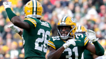 Green Bay Packers strong safety Adrian Amos (31) celebrates his interception with Darnell Savage (26) in the second quarter during their football game Sunday, Dec. 8, 2019, at Lambeau Field in Green Bay, Wis.

Apc Packvsredskins 1208191319