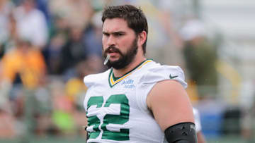 Guard Lucas Patrick (62) during Green Bay Packers training camp at Ray Nitschke Field Friday, July 26, 2019, in Green Bay, Wis.