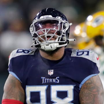 Tennessee Titans defensive tackle Jeffery Simmons (98) celebrates sacking Green Bay Packers quarterback Aaron Rodgers in 2022.