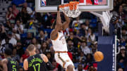 Dec 1, 2023; New Orleans, Louisiana, USA; San Antonio Spurs center Charles Bassey (28) dunks the ball against the New Orleans Pelicans.
