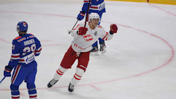 Spartak Hockey Club player, Maxim Tsyplakov (No.9) seen in...