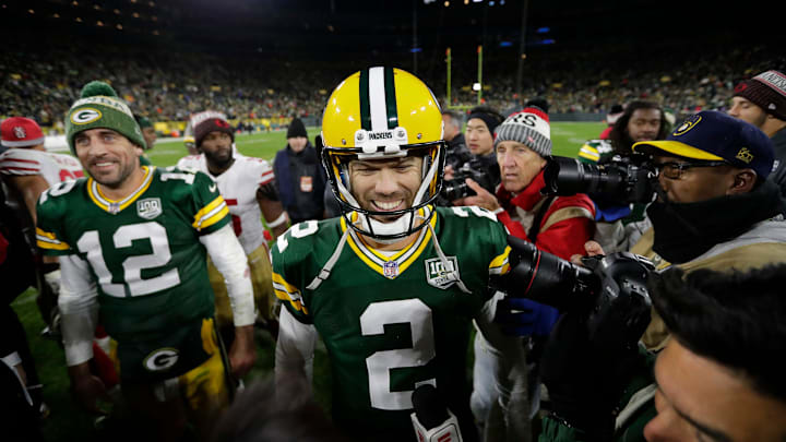 Mason Crosby celebrates a game-winning field goal for the Packers in 2018. Mason Crosby celebrates a game-winning field goal for the Packers in 2018.