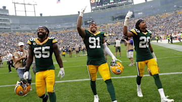 Green Bay Packers outside linebacker Za'Darius Smith (55), Preston Smith (91) and Kevin King (20) celebrate with fans after defeating the Minnesota Vikings 21-16 Sunday, September 15, 2019, at Lambeau Field in Green Bay, Wis. 

Dan Powers/USA TODAY NETWORK-Wisconsin

Mjs Apc Packvsvikings 0915192124djp