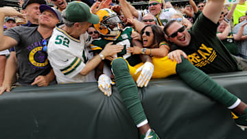 Former Green Bay Packers wide receiver Davante Adams (17) celebrates a touchdown with a Lambeau Leap in Green Bay, WI.