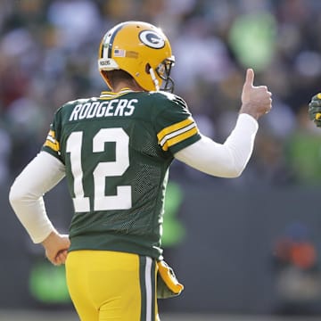 Green Bay Packers quarterback Aaron Rodgers (12) and wide receiver Jordy Nelson (87) celebrate a touchdown in 2016.