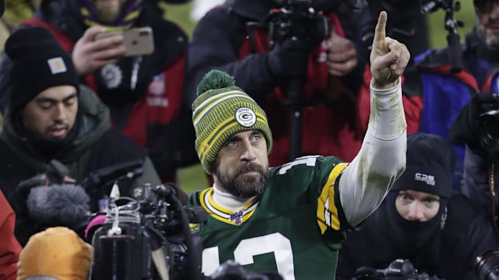 Former Packers quarterback Aaron Rodgers celebrates as he leaves the field after defeating the Seahawks in the 2019 playoffs.