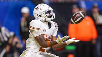 Jan 1, 2025; Atlanta, GA, USA; Texas Longhorns wide receiver Matthew Golden (2) catches a pass for a touchdown against the Arizona State Sun Devils in overtime at Mercedes-Benz Stadium.