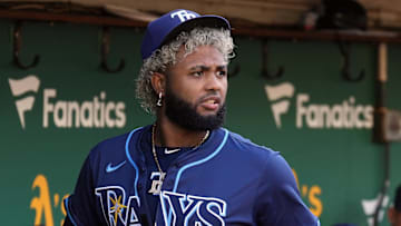 Aug 21, 2024; Oakland, California, USA; Tampa Bay Rays third baseman Junior Caminero (13) before the game against the Oakland Athletics at Oakland-Alameda County Coliseum. Mandatory Credit: Darren Yamashita-Imagn Images