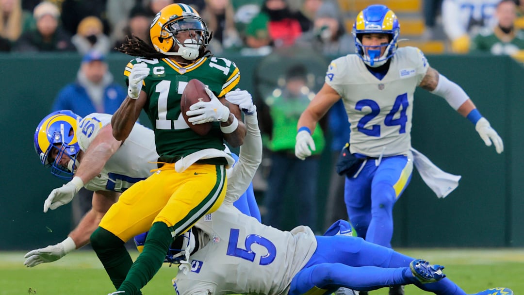 Green Bay Packers wide receiver Davante Adams (17) gets a first down reception against Los Angeles Rams inside linebacker Troy Reeder (51) and cornerback Jalen Ramsey (5) in the first quarter during their football game Sunday, November 28, 2021, at Lambeau Field in Green Bay, Wis. Dan Powers/USA TODAY NETWORK-Wisconsin

Apc Packvsrams 1128210101djp