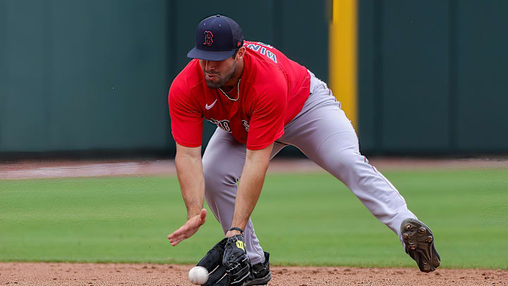 Apr 3, 2022; North Port, Florida, USA; Boston Red Sox infielder Alex Binelas (16) fields the ball during the eighth inning against the Atlanta Braves during spring training at CoolToday Park. Mandatory Credit: Mike Watters-Imagn Images