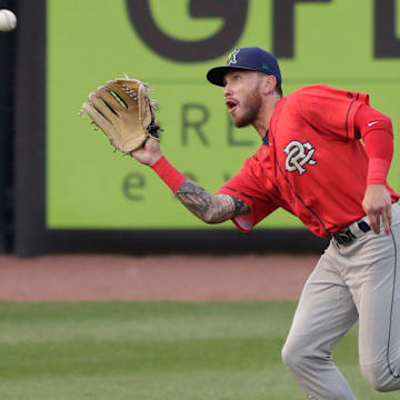 Cedar Rapids Kernels' DaShawn Keirsey (24) makes a catch against the Wisconsin Timber Rattlers Tuesday, July 27, 2021, at Neuroscience Group Field at Fox Cities Stadium in Grand Chute, Wis.  