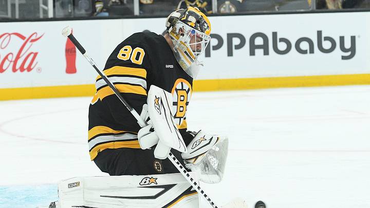 Sep 21, 2025; Boston, Massachusetts, USA; Boston Bruins goaltender Michael DiPietro (80) makes a save during the second period against the Washington Capitals at TD Garden. Mandatory Credit: Bob DeChiara-Imagn Images