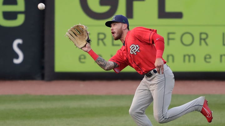 Cedar Rapids Kernels' DaShawn Keirsey (24) makes a catch against the Wisconsin Timber Rattlers Tuesday, July 27, 2021, at Neuroscience Group Field at Fox Cities Stadium in Grand Chute, Wis.  