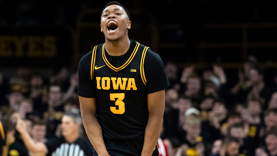 Iowa forward Cam Manyawu (3) reacts during a basketball game against the Nebraska Cornhuskers Feb. 17, 2026 at Carver-Hawkeye Arena in Iowa City, Iowa.