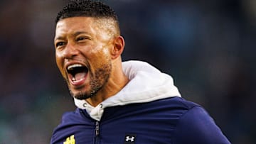 Notre Dame head coach Marcus Freeman celebrates a turnover during a NCAA college football game against Virginia at Notre Dame Stadium on Saturday, Nov. 16, 2024, in South Bend.