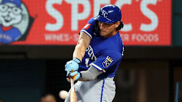 Jac Caglianone takes a swing at a pitch vs the Texas Rangers