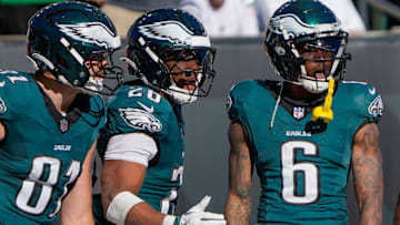 Philadelphia Eagles tight end Grant Calcaterra (81), running back Saquon Barkley (26) and wide receiver DeVonta Smith (6) celebrate Smith’s touchdown in the 3rd quarter of Cincinnati Bengals at Paycor Stadium.