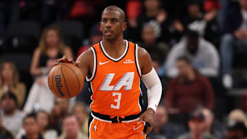 Nov 29, 2025; Inglewood, California, USA;  Los Angeles Clippers guard Chris Paul (3) brings the ball up court during the first quarter against the Dallas Mavericks at Intuit Dome. Mandatory Credit: Kiyoshi Mio-Imagn Images