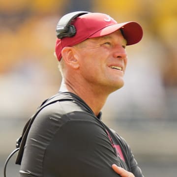 Oct 11, 2025; Columbia, Missouri, USA; Alabama Crimson Tide head coach Kalen Deboer reacts during the second half of the game against the Missouri Tigers at Faurot Field at Memorial Stadium. Mandatory Credit: Jay Biggerstaff-Imagn Images