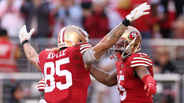 San Francisco 49ers tight end George Kittle (L) and wide receiver Jauan Jennings (R)