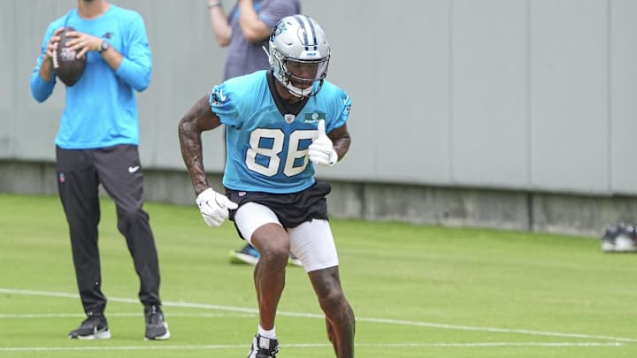 Jun 4, 2024; Charlotte, NC, USA; Carolina Panthers wide receiver Terrace Marshall Jr. (88) runs an agility drill during OTAs. Mandatory Credit: Jim Dedmon-Imagn Images Jun 4, 2024; Charlotte, NC, USA; Carolina Panthers wide receiver Terrace Marshall Jr. (88) runs an agility drill during OTAs. Mandatory Credit: Jim Dedmon-Imagn Images