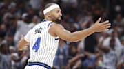 Oct 22, 2025; Orlando, Florida, USA; Orlando Magic guard Jalen Suggs (4) reacts after a basket against the Miami Heat in the fourth quarter at Kia Center. Mandatory Credit: Nathan Ray Seebeck-Imagn Images