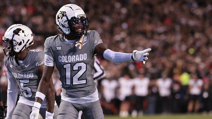 Travis Hunter #12 of the Colorado Buffaloes reacts during the first quarter against the Cincinnati Bearcats at Folsom Field on October 26, 2024 in Boulder, Colorado.