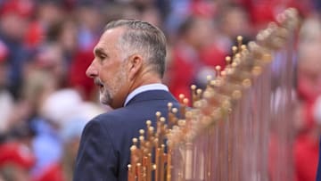 Mar 27, 2025; St. Louis, Missouri, USA;  St. Louis Cardinals president of baseball operations John Mozeliak looks on during opening day ceremonies before the game between the Cardinals and the Minnesota Twins at Busch Stadium. Mandatory Credit: Jeff Curry-Imagn Images