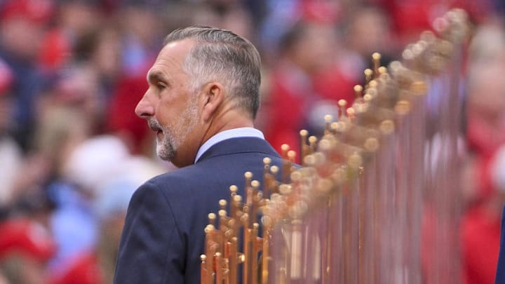 Mar 27, 2025; St. Louis, Missouri, USA;  St. Louis Cardinals president of baseball operations John Mozeliak looks on during opening day ceremonies before the game between the Cardinals and the Minnesota Twins at Busch Stadium. Mandatory Credit: Jeff Curry-Imagn Images