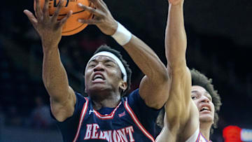 Belmont’s Jonathan Pierre (3) grabs a rebound from Bradley’s Corey Thomas in the first half of their MVC basketball game Wednesday, Feb. 5, 2025 at Carver Arena. The Braves fell to the Bruins 80-77.