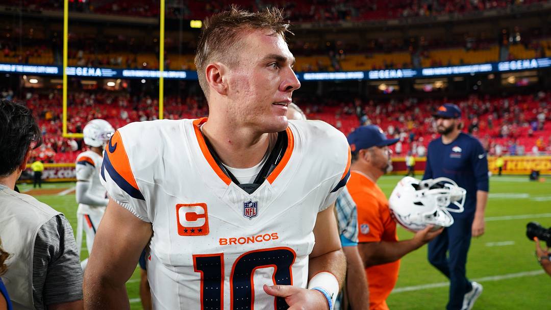 Sep 14, 2026; Kansas City, Missouri, USA;  Denver Broncos quarterback Bo Nix (10) reacts after the game against the Kansas City Chiefs at GEHA Field at Arrowhead Stadium.  