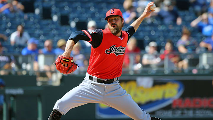 Aug 26, 2018: Cleveland Indians relief pitcher Andrew Miller (24) pitches against the Kansas City Royals in the eighth inning at Kauffman Stadium. 