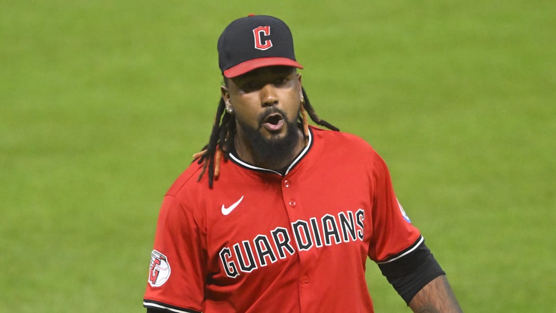 Jul 22, 2025; Cleveland, Ohio, USA; Cleveland Guardians relief pitcher Emmanuel Clase (48) reacts after a win over the Baltimore Orioles at Progressive Field. Mandatory Credit: David Richard-Imagn Images