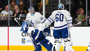 Mar 5, 2025; Las Vegas, Nevada, USA; Toronto Maple Leafs goaltender Joseph Woll (60) is pulled for Toronto Maple Leafs goaltender Anthony Stolarz (41) after surrendering three goals to the Vegas Golden Knights during the first period at T-Mobile Arena. Mandatory Credit: Stephen R. Sylvanie-Imagn Images