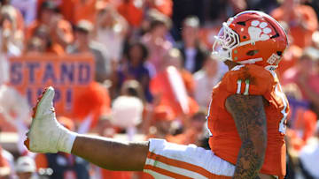 Clemson Tigers defensive tackle Peter Woods (11) celebrates after sacking Duke Blue Devils quarterback Darian Mensah (10) Saturday, Nov. 1, 2025, during the NCAA football game at Memorial Stadium in Clemson, South Carolina.