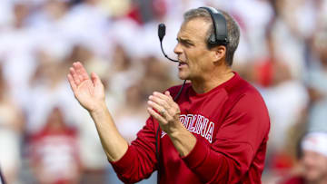 Oct 19, 2024; Norman, Oklahoma, USA;  South Carolina Gamecocks head coach Shane Beamer reacts during the first half against the Oklahoma Sooners at Gaylord Family-Oklahoma Memorial Stadium. Mandatory Credit: Kevin Jairaj-Imagn Images