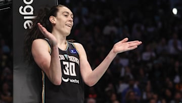 Sep 22, 2024; Brooklyn, New York, USA; New York Liberty forward Breanna Stewart (30) reacts after getting fouled by the Atlanta Dream during game one of the first round of the 2024 WNBA Playoffs at Barclays Center. Mandatory Credit: Wendell Cruz-Imagn Images