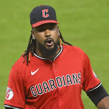 Jul 22, 2025; Cleveland, Ohio, USA; Cleveland Guardians relief pitcher Emmanuel Clase (48) reacts after a win over the Baltimore Orioles at Progressive Field. Mandatory Credit: David Richard-Imagn Images