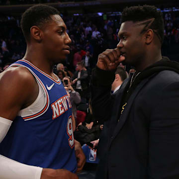 Jan 10, 2020; New York, New York, USA; New York Knicks shooting guard RJ Barrett (9) and New Orleans Pelicans small forward Zion Williamson (1) talk after a game at Madison Square Garden. Mandatory Credit: Brad Penner-Imagn Images