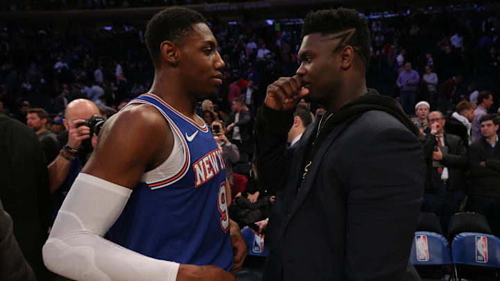 Jan 10, 2020; New York, New York, USA; New York Knicks shooting guard RJ Barrett (9) and New Orleans Pelicans small forward Zion Williamson (1) talk after a game at Madison Square Garden. Mandatory Credit: Brad Penner-Imagn Images