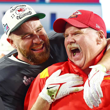 Feb 12, 2023; Glendale, Arizona, US; Kansas City Chiefs tight end Travis Kelce (87) celebrates with head coach Andy Reid after winning Super Bowl LVII against the Philadelphia Eagles at State Farm Stadium. Mandatory Credit: Mark J. Rebilas-Imagn Images