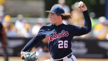 Jun 12, 2022; Hattiesburg, MS, USA; Ole Miss starting pitcher Hunter Elliott (26) pitches against Southern Miss during Game 2 of a NCAA Super Regional game at Pete Taylor Park. Mandatory Credit: Chuck Cook-USA TODAY Sports