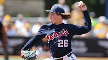 Jun 12, 2022; Hattiesburg, MS, USA; Ole Miss starting pitcher Hunter Elliott (26) pitches against Southern Miss during Game 2 of a NCAA Super Regional game at Pete Taylor Park. Mandatory Credit: Chuck Cook-Imagn Images
